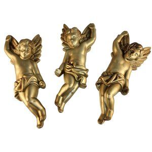 Miller Studio Gold Cherub Wall Hanging Set Of 3 Chalkware Hollywood Regency Deco